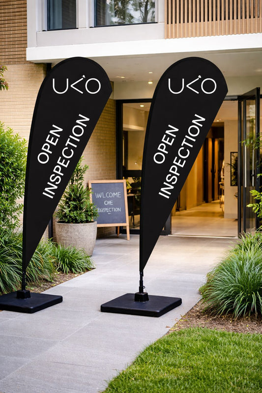 custom teardrop banner Sydney open inspection signage property entrance