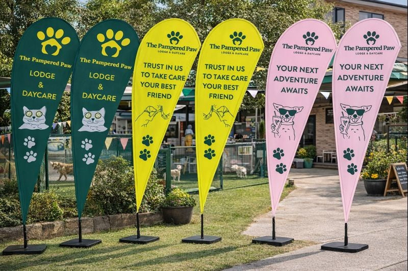 Teardrop banner Sydney placement outside pet daycare