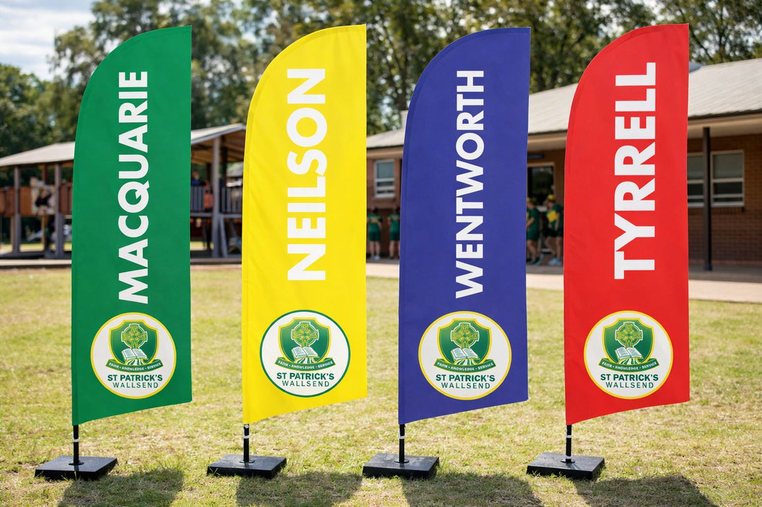 teardrop banners for school enrolment marketing Australia campus entrance signage