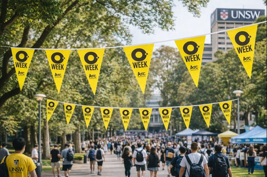 Custom bunting flags installed across UNSW campus for student orientation