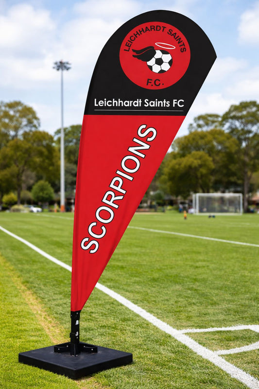 Custom teardrop banner Sydney football club sideline advertising flags