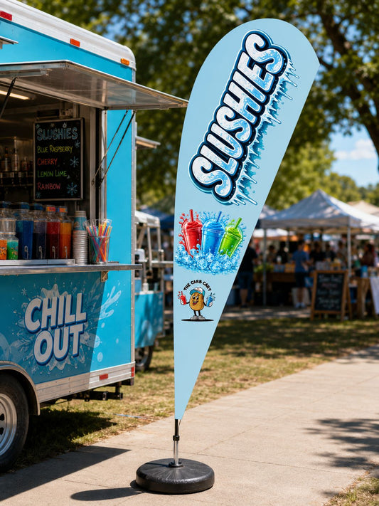 Food truck teardrop banner Australia showing slushies custom flag for outdoor market promotion