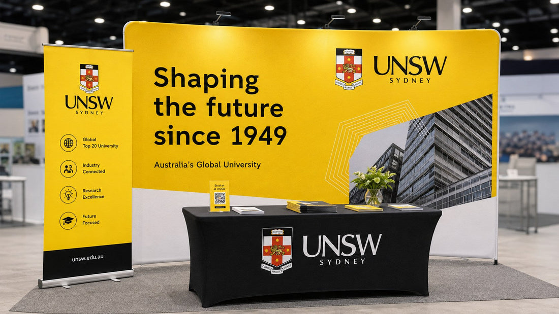 Custom media wall backdrop Australia example for university trade show booth and education expo display