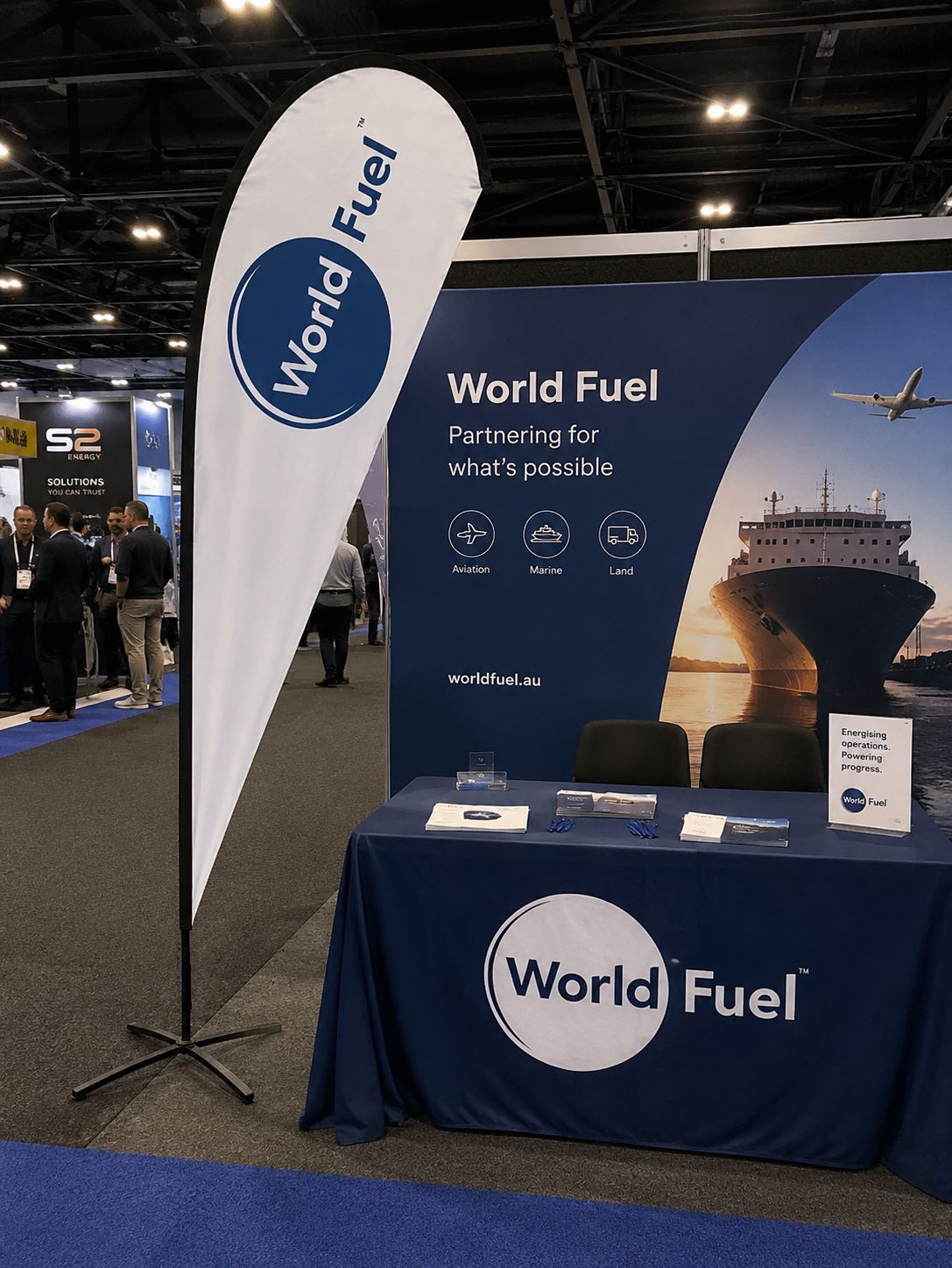 Teardrop banners for trade shows and expos Australia with World Fuel custom flag display