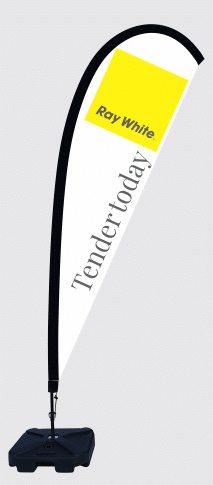 Ray White real estate teardrop banner — custom printed outdoor flag with water base, property marketing Australia.