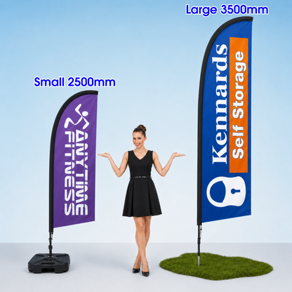 Custom feather banners in small 2500mm and large 3500mm sizes displayed with bases, showing printed advertising flags for business promotion
