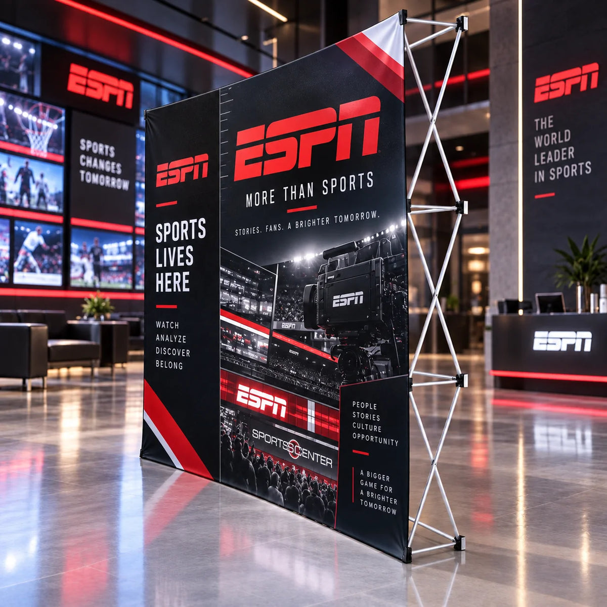 Custom pop up media wall with ESPN sports branding, a printed front panel and exposed aluminium frame in an indoor event setting.