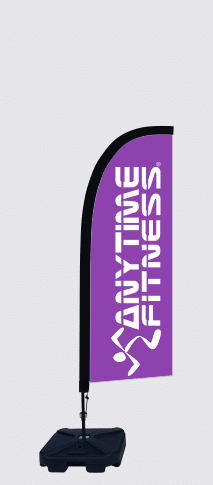 Anytime Fitness feather flag — premium custom gym banner on water base, outdoor advertising flag Australia.