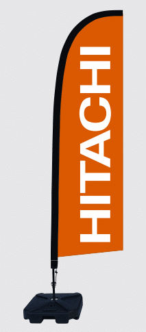Hitachi feather flag — custom printed corporate outdoor advertising banner on water base, trade show signage Australia.