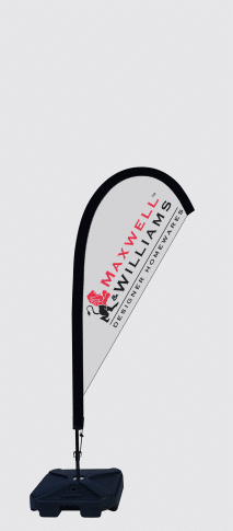 Maxwell Williams teardrop banner — custom printed event flag with portable water base, promotional signage Australia.