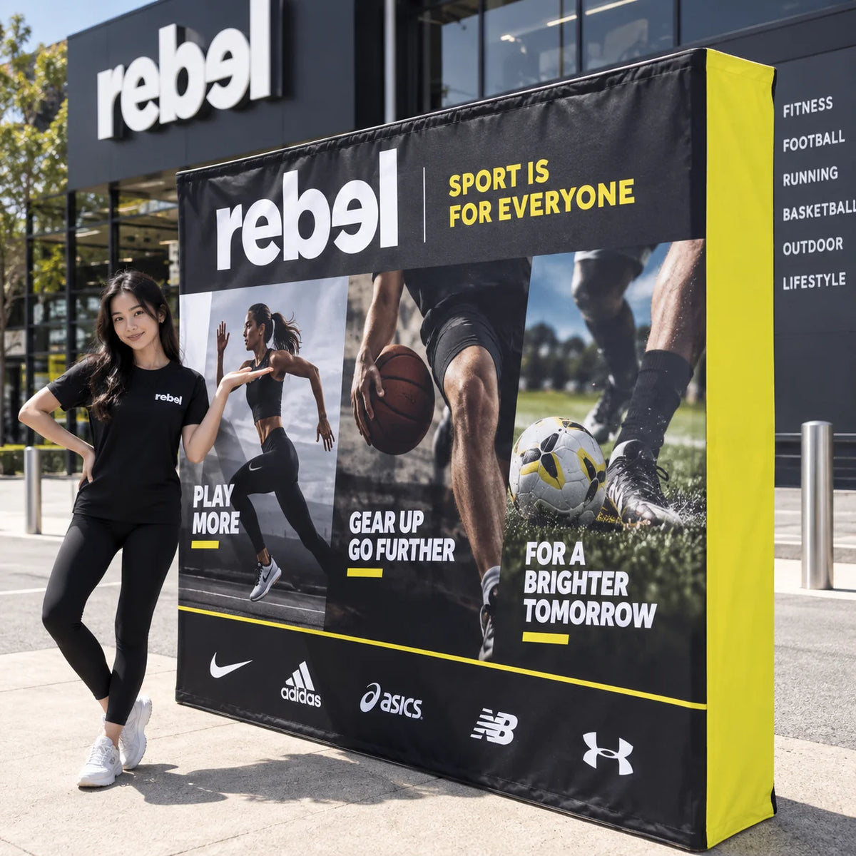 Premium custom pop up media wall with Rebel Sport branding, sports photography and a yellow side panel outside a retail store.