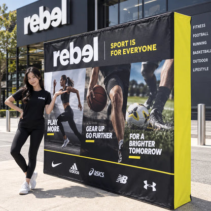 Premium custom pop up media wall with Rebel Sport branding, sports photography and a yellow side panel outside a retail store.