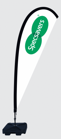 Specsavers teardrop banner — custom optometry event flag on water base, branded outdoor signage Australia.