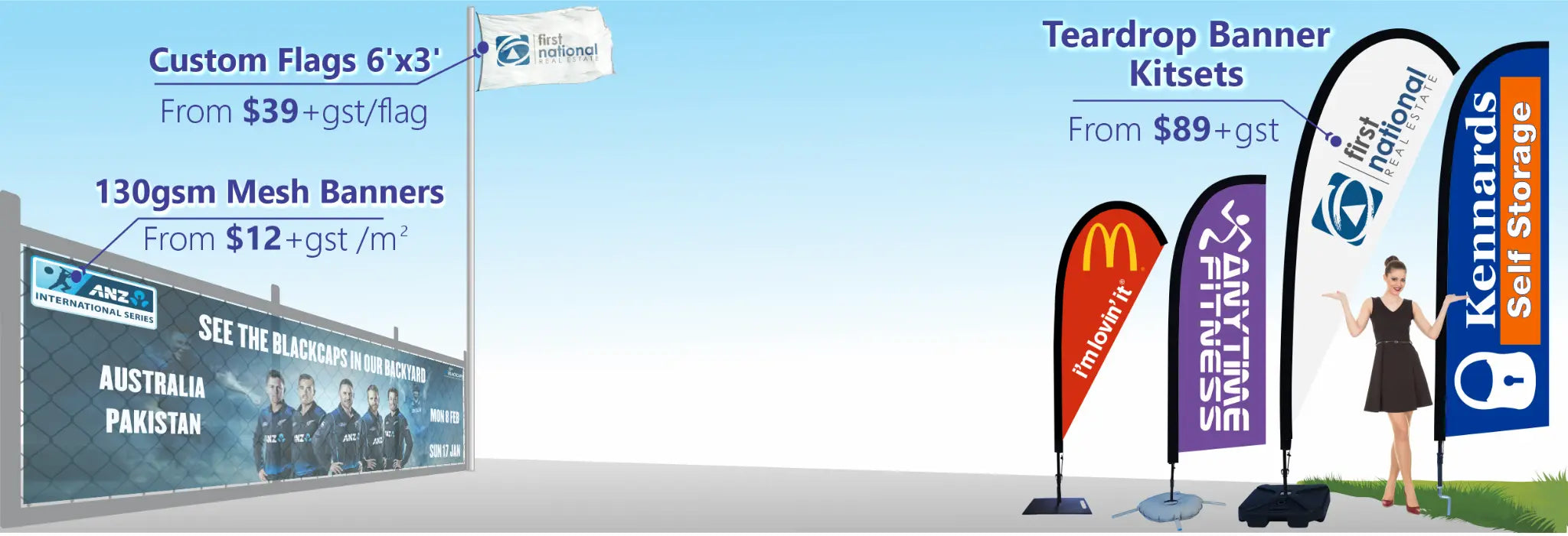 Premium teardrop banners, teardrop flags, custom flags and 130gsm mesh banners for Australian businesses, with popular designs for Sydney, Melbourne, Brisbane, Perth, Adelaide and Tasmania.