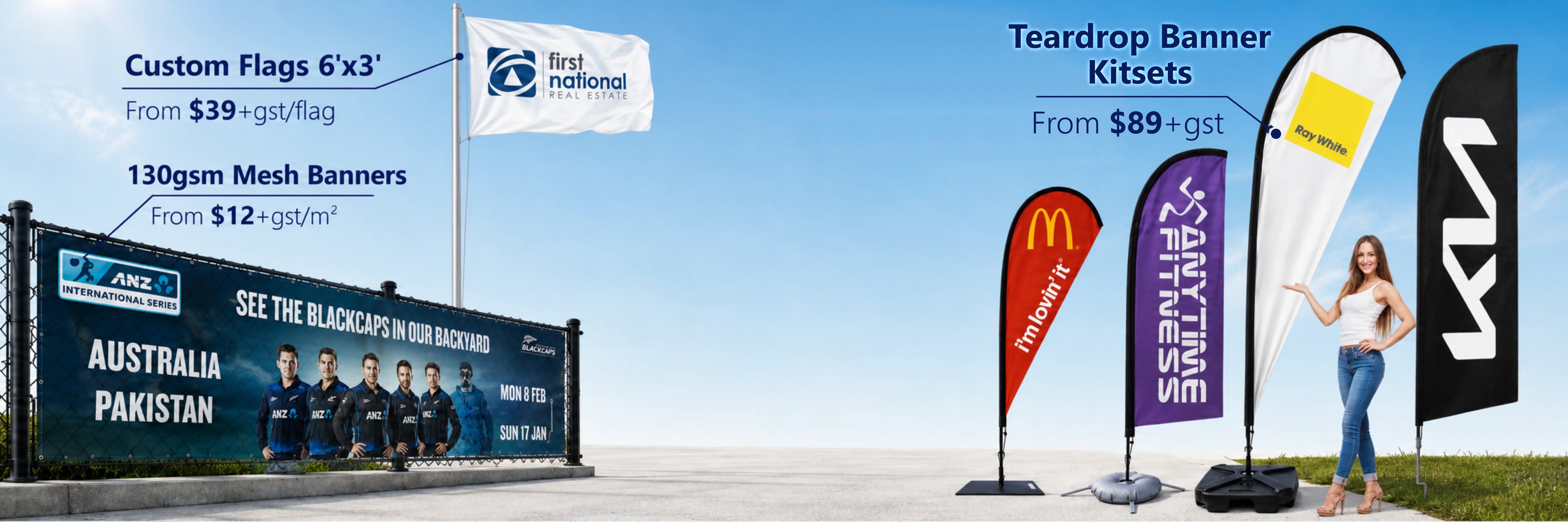 Premium teardrop banners, teardrop flags, custom flags and 130gsm mesh banners for Australian businesses, with popular designs for Sydney, Melbourne, Brisbane, Perth, Adelaide and Tasmania.