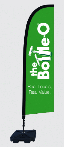 The Bottle-O feather flag — custom liquor store outdoor advertising banner with water base, retail signage Australia.
