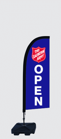 The Salvation Army ‘OPEN’ feather flag — custom printed street banner with water base, charity event signage Australia.